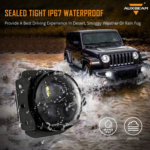 9'' ROUND RGB LED HEADLIGHTS BLUETOOTH CONTROL WITH DRL & 4'' 30W LED FOG LIGHTS WITH ADAPTER RING FOR JEEP WRANGLER JL 2018-2019