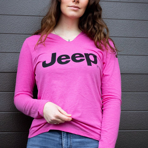 Ladies Jeep® Text Triblend Hooded Pullover - Bright Pink Heather