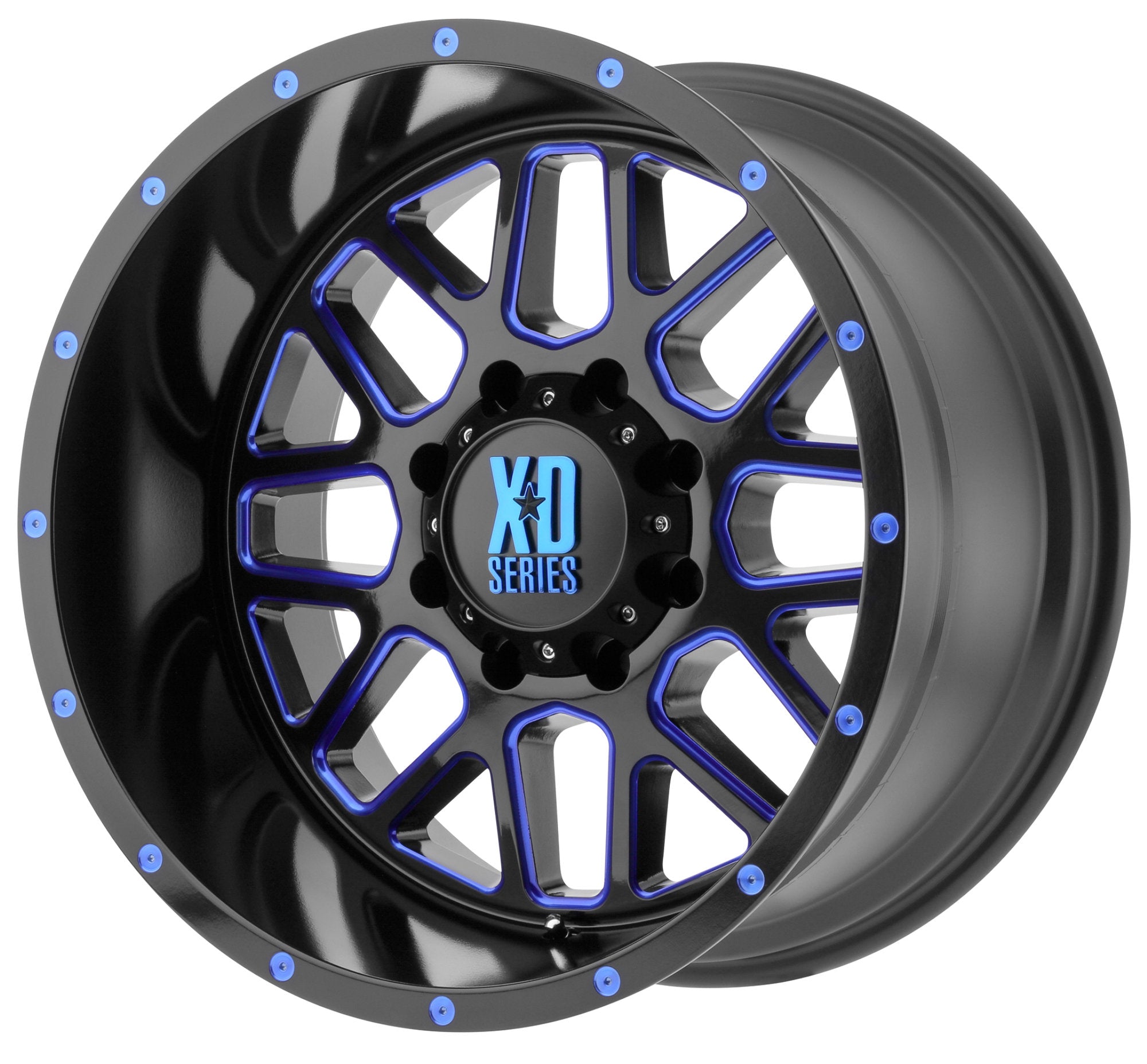 KMC Wheels XD82089050912NBC XD820 Grenade Wheel in 18x9 with 4.53in Backspace Black with Machined Face and Blue Tint for 07-24 Jeep Wrangler JL, JK & Gladiator JT