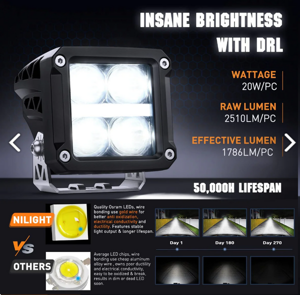 3" 20W 2200LM DRL Spot Cube LED Pods (Pair) | 16AWG DT Wire