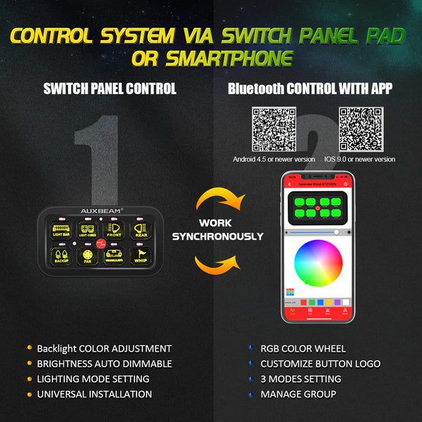 AR-800 MULTIFUNCTION RGB SWITCH PANEL WITH BLUETOOTH CONTROLLED & 47 INCH EXTENSION CABLE(OPTIONAL) FOR TOYOTA TACOMA