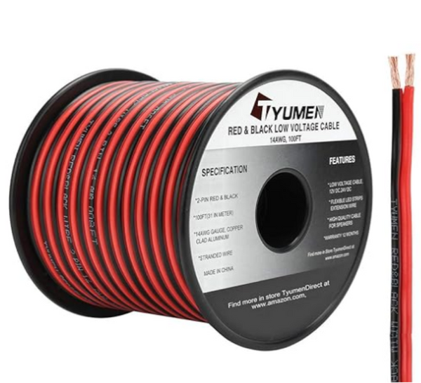 TYUMEN 100FT 14/2 Gauge Red Black Cable Hookup Electrical Wire LED Strips Extension Wire 12V/24V DC, 14AWG Flexible Extension Cord for LED Ribbon Lamp Tape Lighting