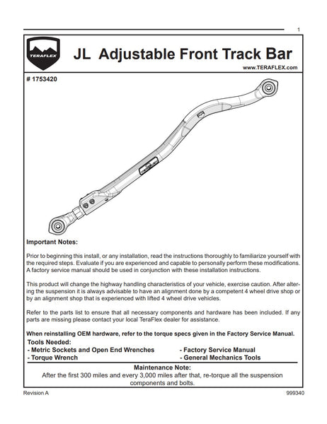 Teraflex 1753420 Alpine IR Front Adjustable Track Bar for 18-23 Jeep Wrangler JL & Gladiator JT with 0-6in Lift