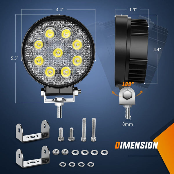 4.5" 27W Round Flood LED Work Lights (Pair)