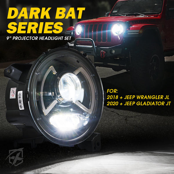 Xprite Headlights Jeep Wrangler JL / Gladiator JT (2018-2023) X-Pro CREE LED Dark Bat Series w/ DRL